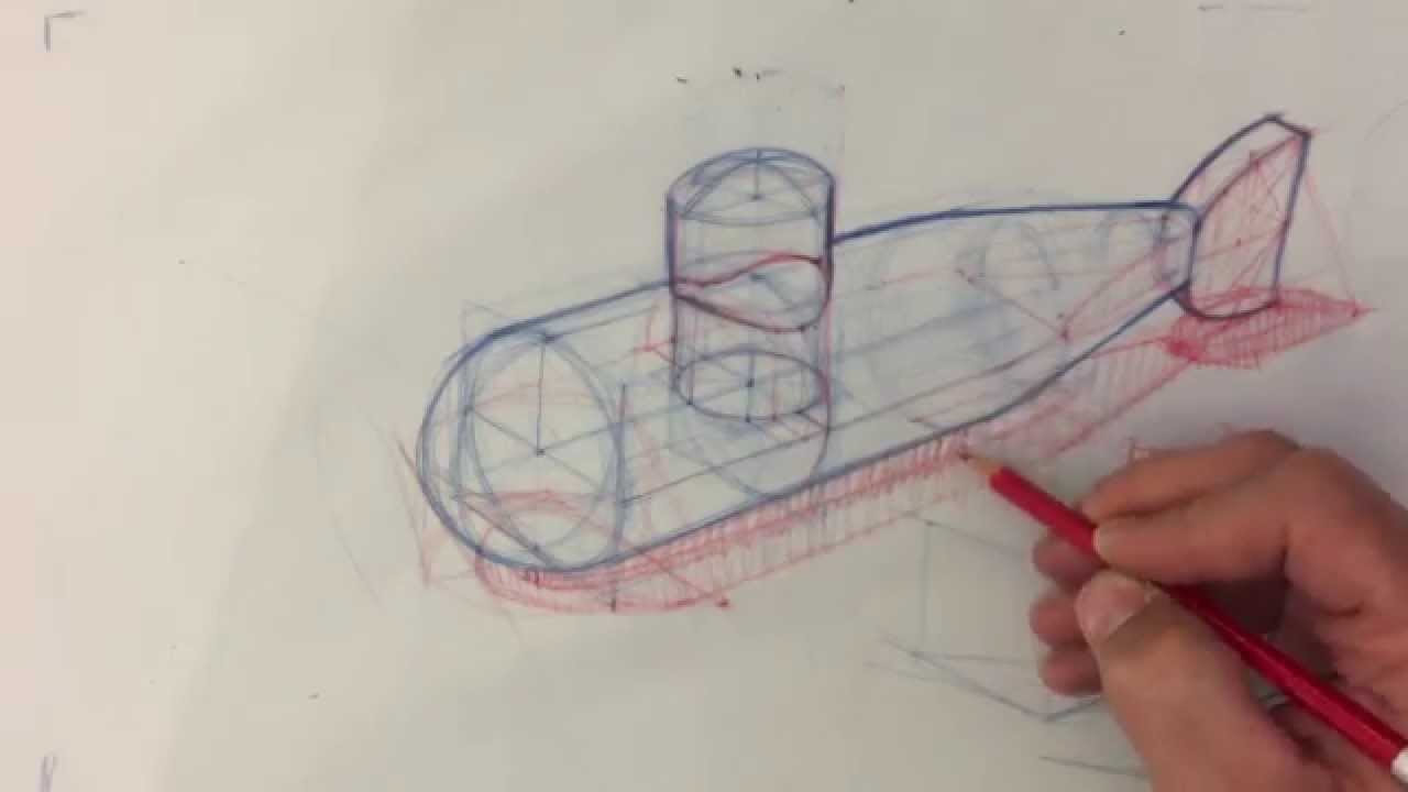 1280x720 Perspective Drawing Of A Submarine With Primitive Shapes - Primitive Sketch