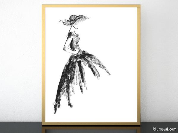 600x450 Printable Fashion Sketch Of A Vintage Style Dress In Black And - Printable Sketch Pictures