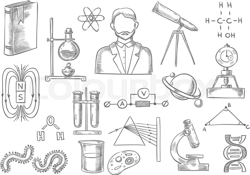 800x559 Vector Sketch Isolated Icons. Science And Research Items Of - Prism Sketch
