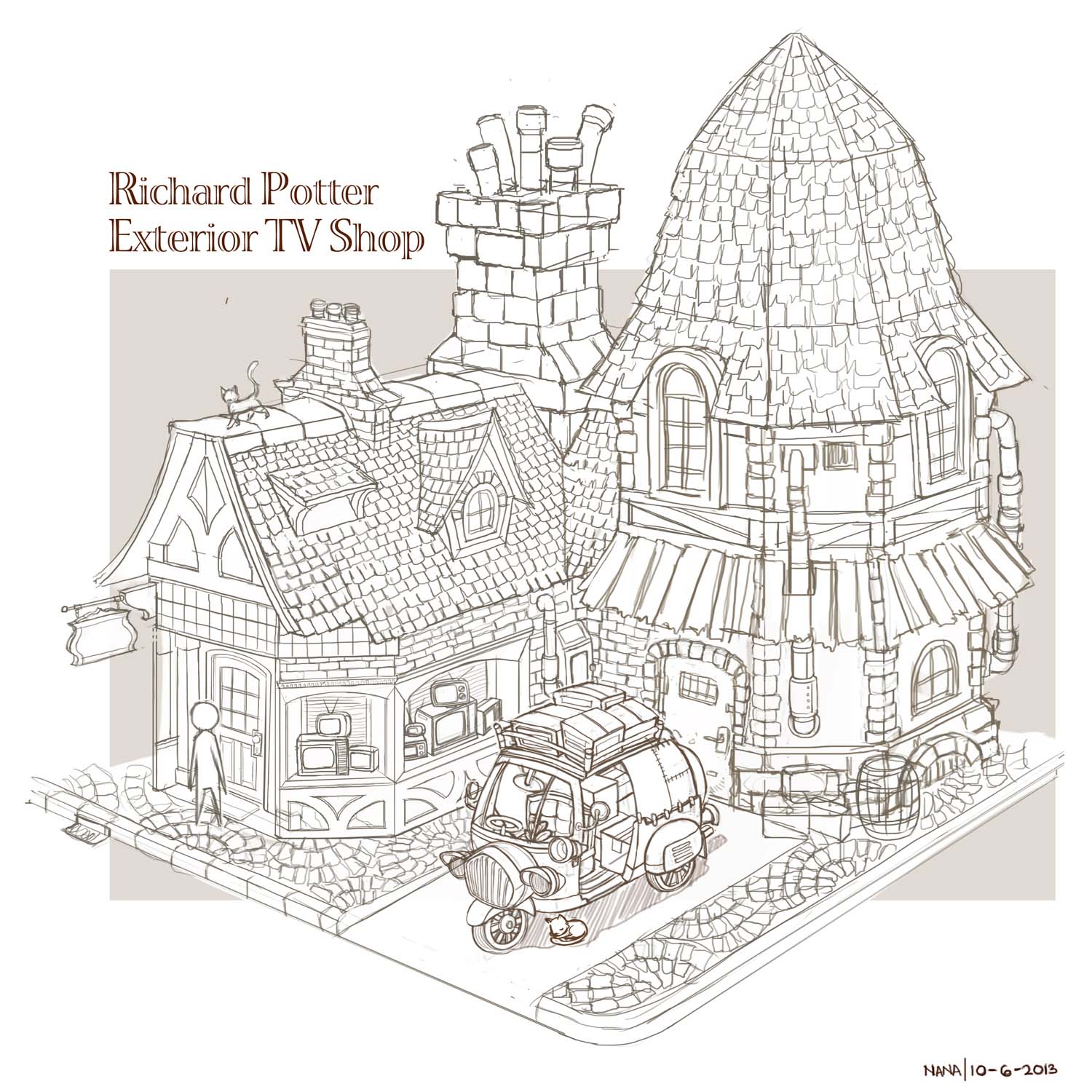 1500x1500 Nagisa Design Exterior Of Richard Potter Tv Shop - Production Sketch
