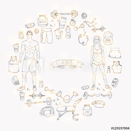 500x500 Hand Drawn Doodle Fitness Icons Set. Vector Illustration. Sport - Protein Sketch