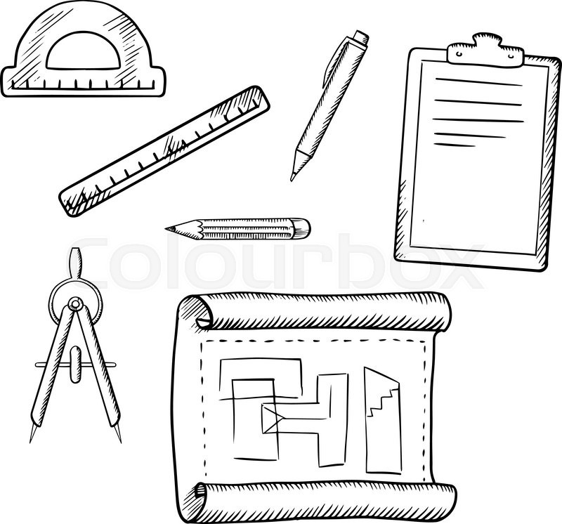 800x746 Architect Drawing, Compasses, Pencil, Pen, Ruler, Half Circle - Protractor Sketch