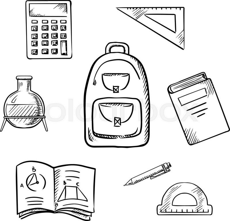 800x768 Back To School Concept With School Backpack, Book, Calculator - Protractor Sketch