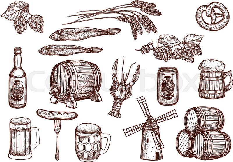 800x558 Beer Drink And Snacks Vector Sketch Icons. Beer Mug Or Barrel - Pub Sketch
