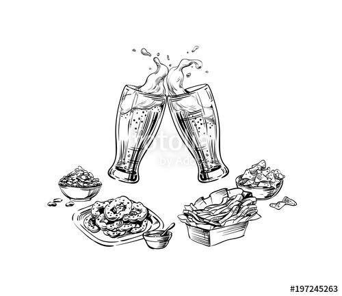 500x433 Composition Of Drinks And Snacks. Set Of Food. Two Beer Glasses - Pub Sketch