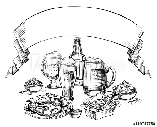 500x404 Different Gglass Mugs, Bottle, Cans Beer And Snacks With Curved - Pub Sketch
