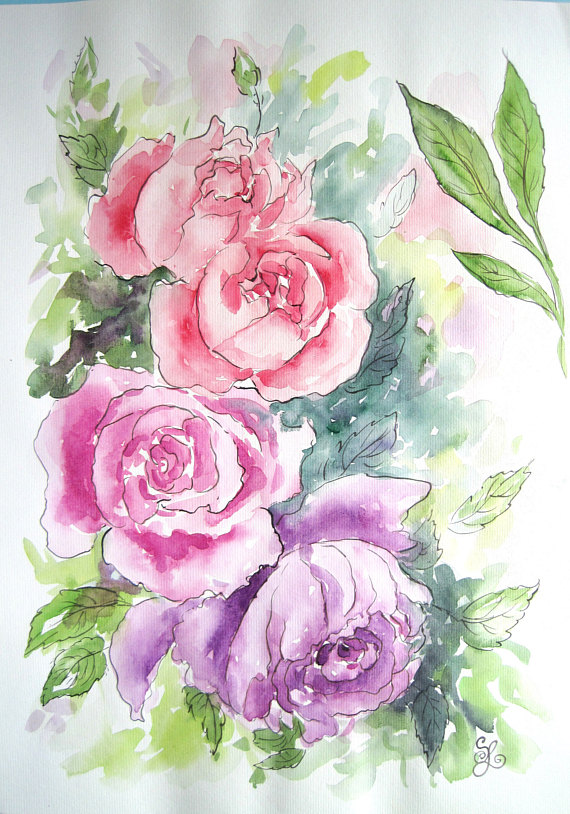 570x814 Watercolor Roses - Purple Rose Sketch
