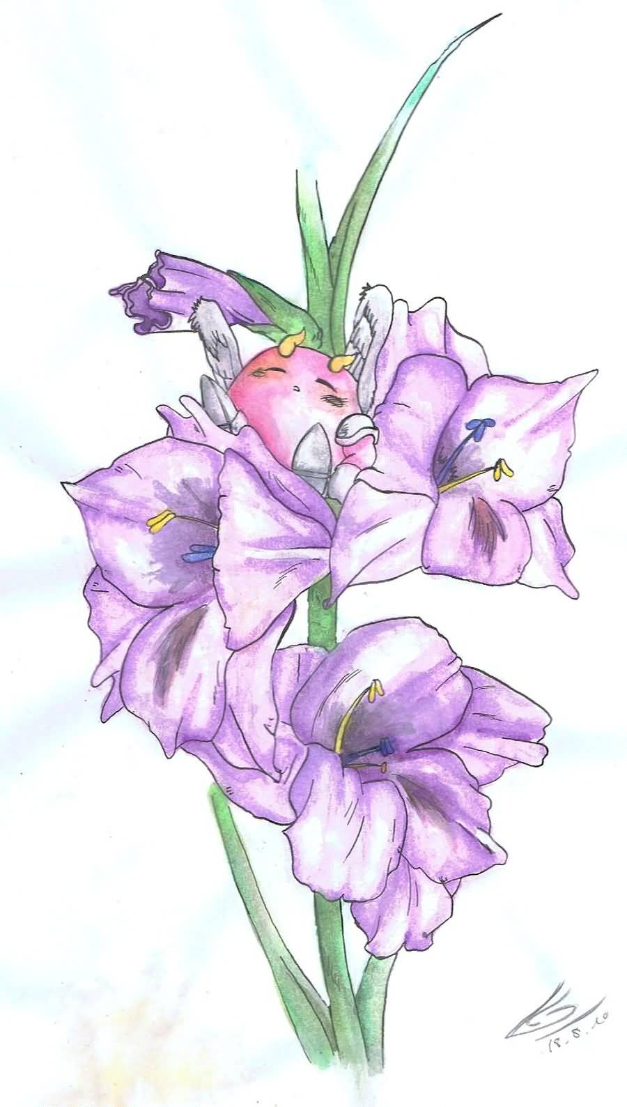 900x1588 Purple Nice Gladiolus Flower Tattoo Design Sketch - Purple Sketch