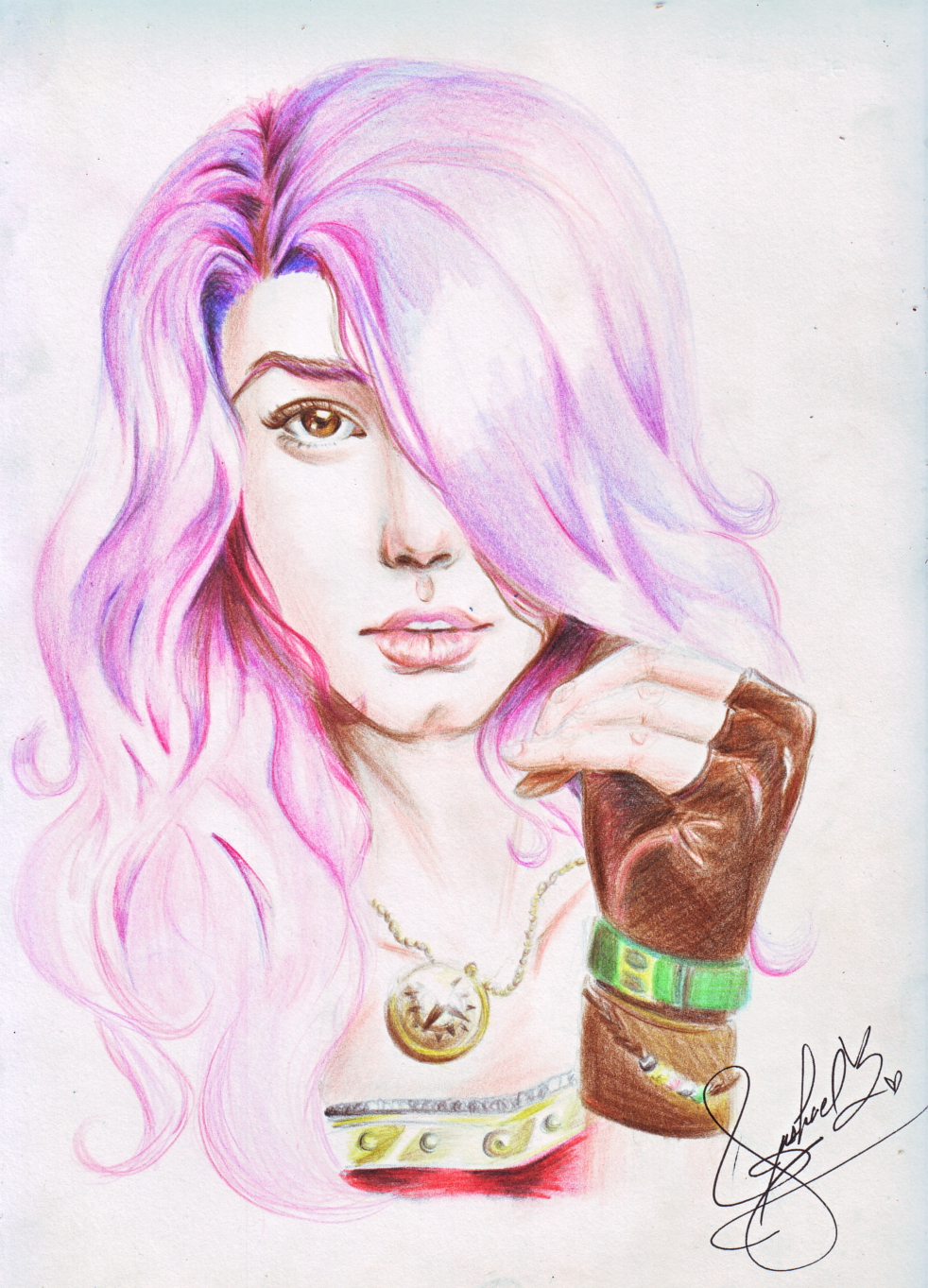 982x1363 Purple Pink Hair Steampunk Girl Sketch (Colored Pencil) - Purple Sketch