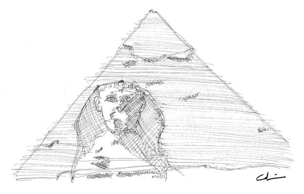 599x384 Great Pyramid Sphinx Sketch Art Print By Calvin Durham - Pyramid Sketch