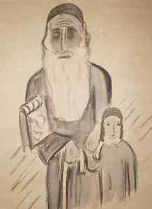218x300 Rabbi And Boy, Antique Ink Wash Drawing Hasidic Jewish, Judaica - Rabbi Sketch