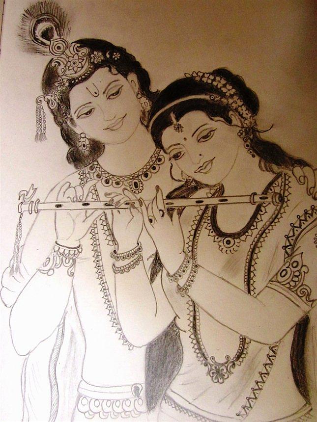 645x860 Eternal Love Of Radha Krishna Drawing By D J - Radha Krishna Sketch
