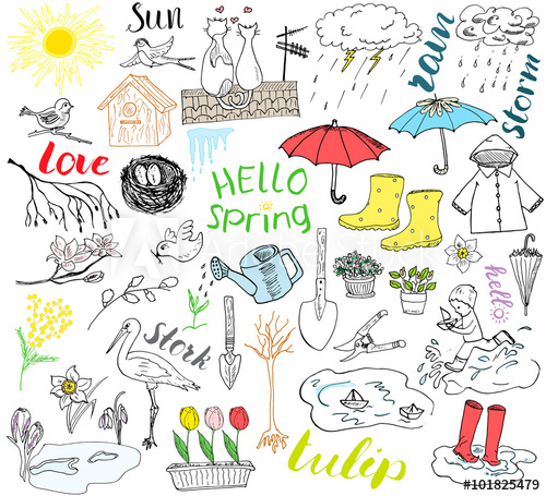 500x455 Spring Season Set Doodles Elements. Hand Drawn Sketch Set With - Rain Boots Sketch