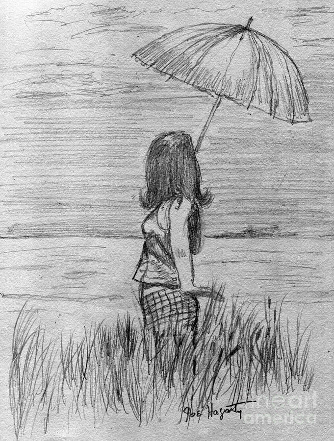 681x900 Walking In The Rain Drawing By Joe Hagarty - Rain Sketch