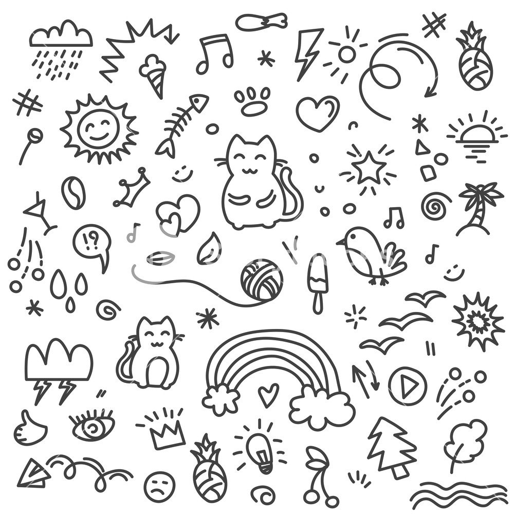 1000x1000 Hand Painted Cat, Birds, Rainbow, Sun And Other Art Elements On - Rainbow Sketch