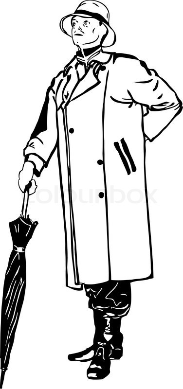 376x800 Black And White Drawing Men In A Raincoat And An Umbrella Stock - Raincoat Sketch