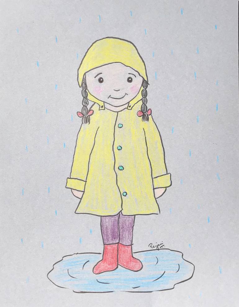 770x987 Girl Wearing A Yellow Raincoat Drawing By Ranjani Raghavan - Raincoat Sketch
