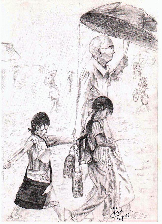 653x900 Rainy Day Drawing By Robin Marwal - Rainy Day Sketch