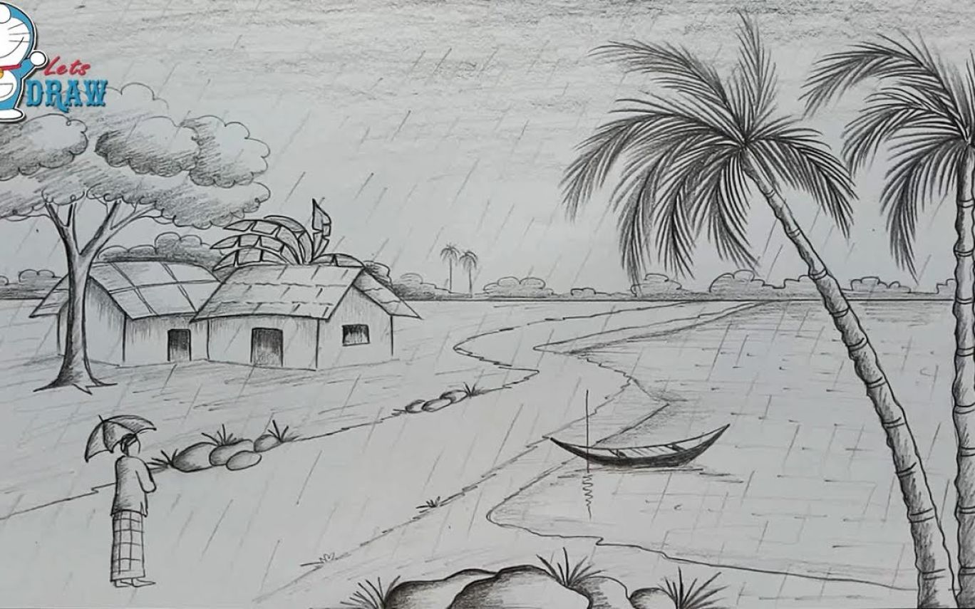 1368x855 How To Draw Scenery Of Rainy Season By Pencil Sketch Step By Step - Rainy Season Sketch