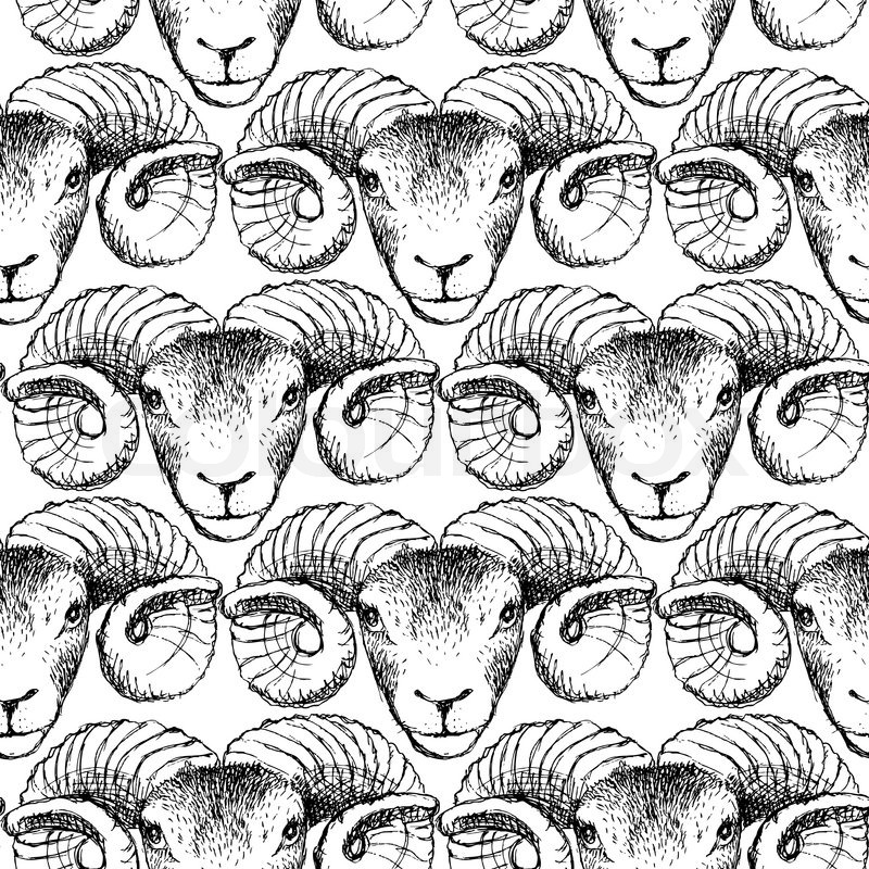 800x800 Sketch New Year Ram In Vintage Style, Seamless Pattern Stock - Ram Sketch