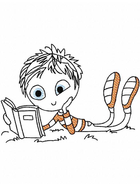 489x640 Swirly Boy Reading 4 Sketch Embroidery Design - Reading Sketch