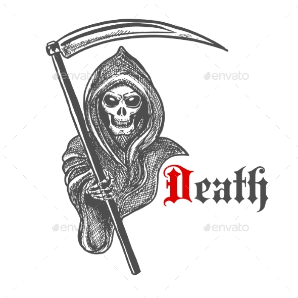 590x590 Spooky Grim Reaper With Scythe Sketch Style By Vectortradition - Reaper Sketch