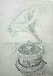 210x300 Original Mendoza Classic Record Player Vinyl Sketch Drawing Art - Record Player Sketch
