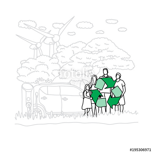 500x500 Family People Holding Green Recycle Sign In The Park Vector - Recycle Sketch
