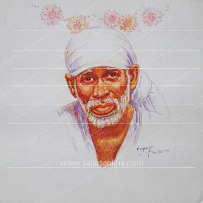 650x650 Pencil Sketch Of Sai Baba In Red Amp Blue Colour Original Pencil Art - Red And Blue Sketch