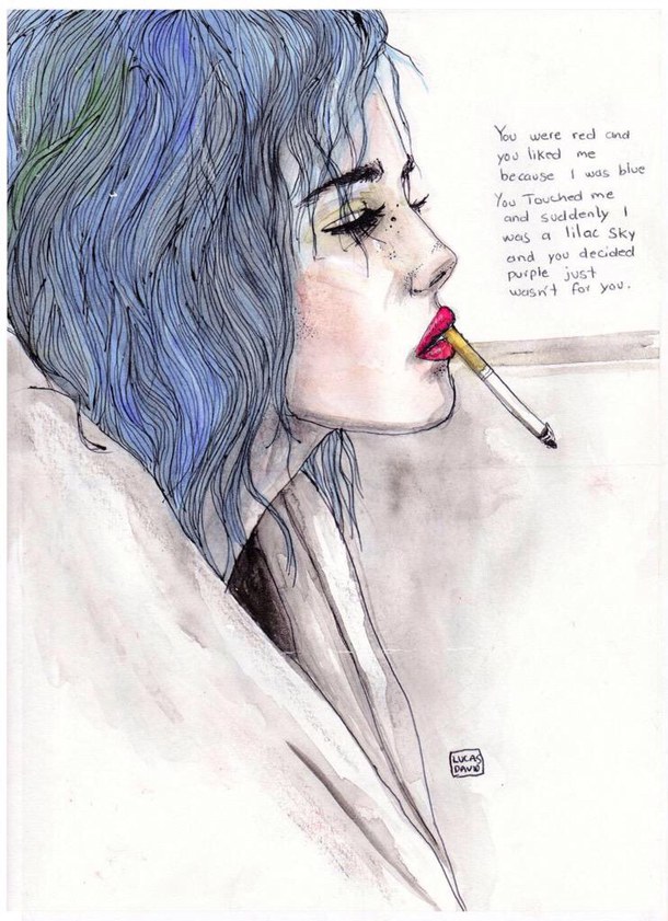 610x841 Art, Blue Hair, Cigarette, Drawing, Heartbreak, Love Quotes, Poem - Red And Blue Sketch