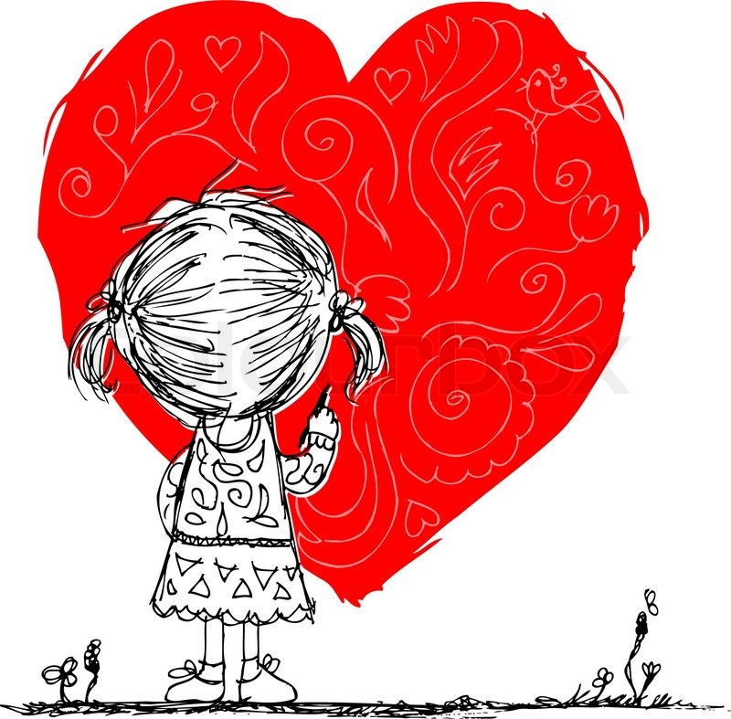 800x787 Girl Draws Red Heart, Valentine Card Sketch For Your Design - Red Heart Sketch