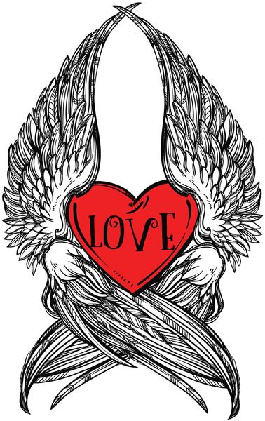 378x600 Love Red Heart Sketch With Wings Vinyl Decal Sticker Shinobi - Red Heart Sketch