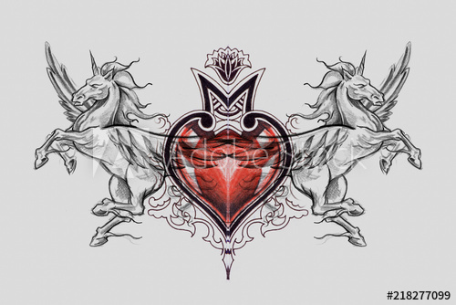 500x334 Unicorn, Tattoo Sketch With Red Heart, Handmade Drawing Over Grey - Red Heart Sketch