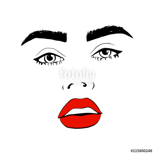 500x500 Fashion Woman With Red Lips Sketch. Fashion Face Woman Portrait - Red Lips Sketch