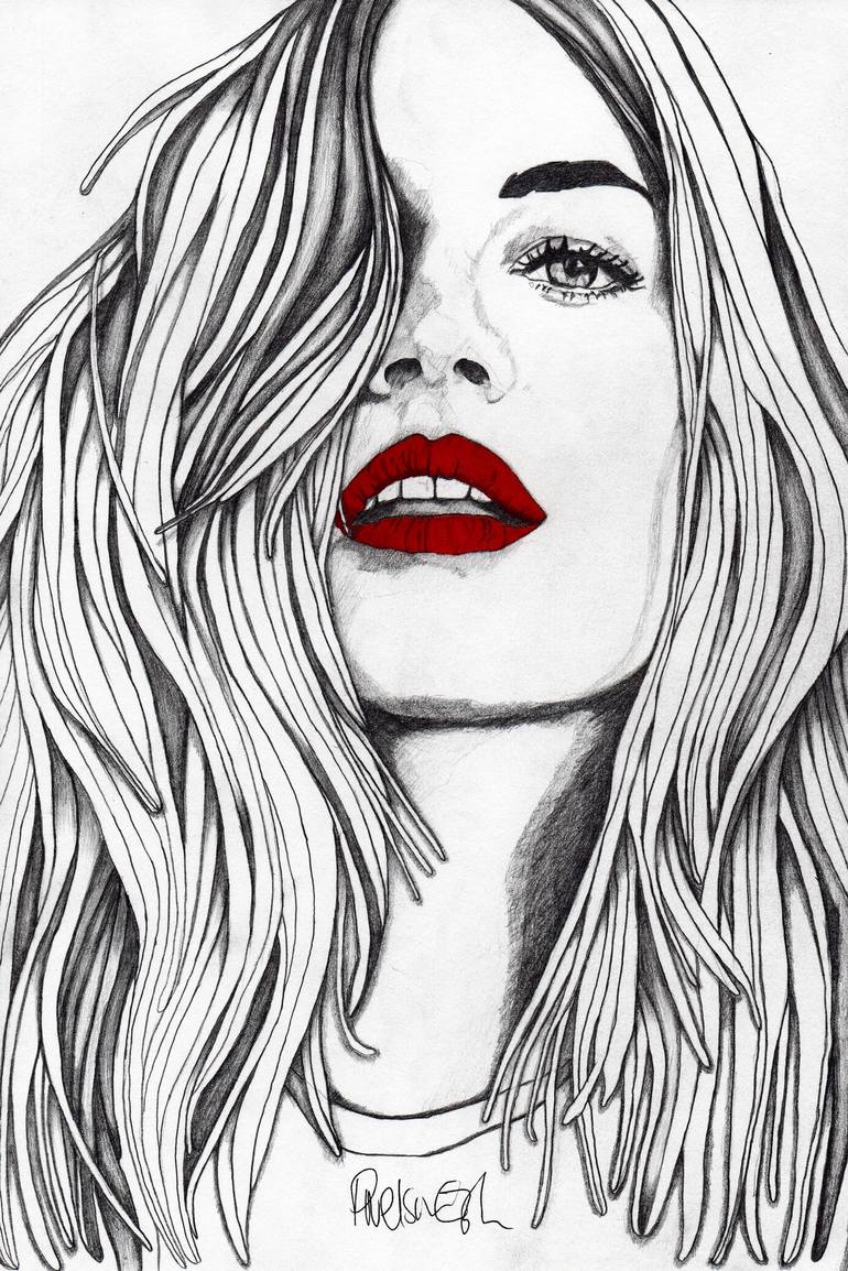 770x1154 Girl With The Red Lips Drawing By Paul Nelson Esch Saatchi Art - Red Lips Sketch