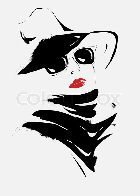 572x800 Modern Girl, Sketch, Red Lips, Sunglasses, Hat Stock Vector - Red Lips Sketch