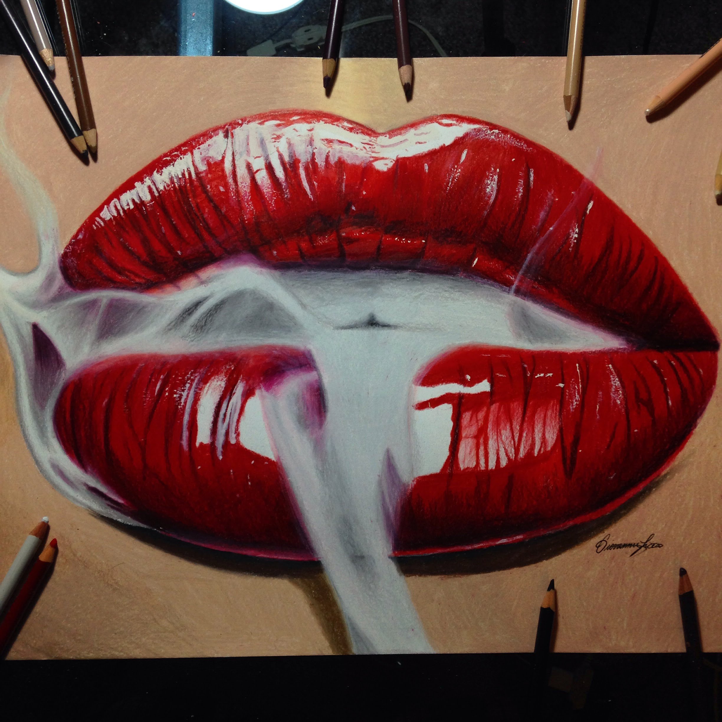 2448x2448 Realistic Smoking Red Lips Drawing Timelapse - Red Lips Sketch. 