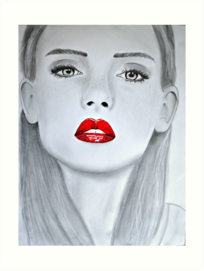 413x549 Red Lips Makeup Model Sketch Art Prints By Arendarlings Redbubble - Red Lips Sketch