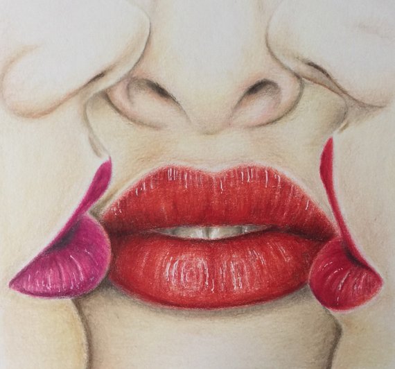 570x532 Red Lips Colored Pencil Drawinglip Paintingoriginal Drawing Etsy - Red Lips Sketch