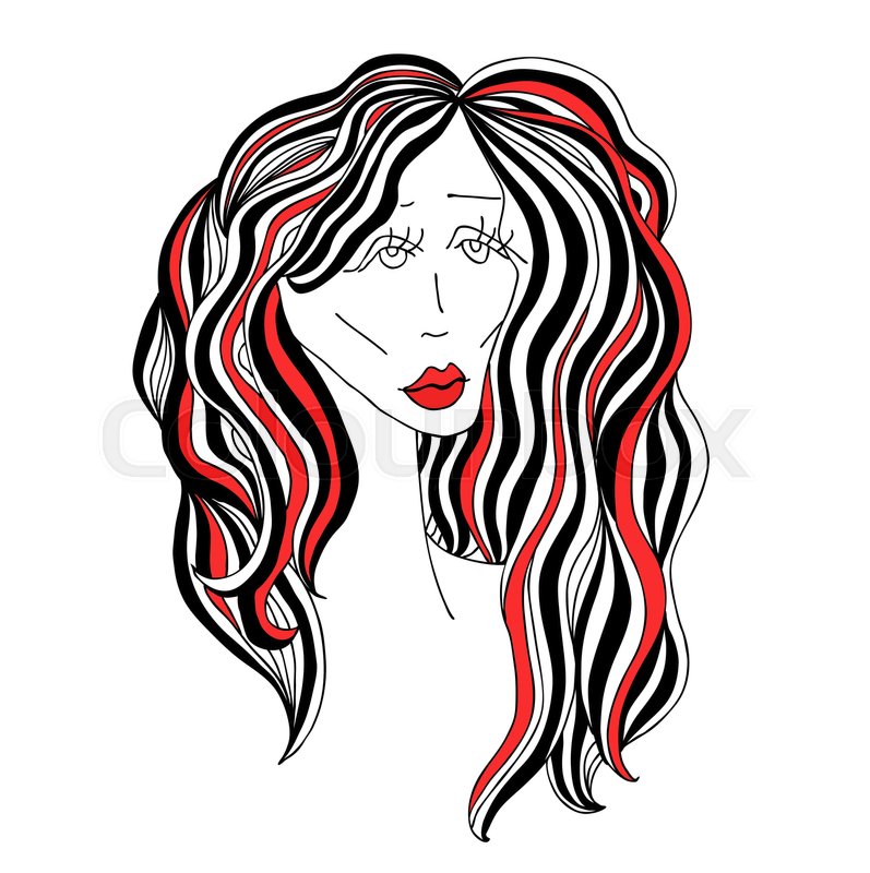 797x800 Sad Woman With Beautiful Hair And Red Lips. Digital Sketch Grafic - Red Lips Sketch