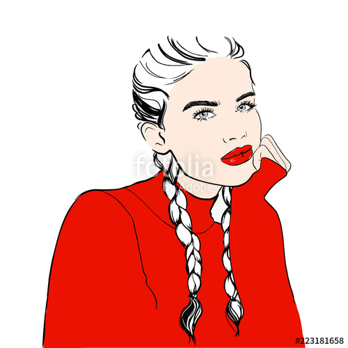 500x500 Fashion Woman Sketch Woman In Red Sweater With Red Lips With - Red Lips Sketch