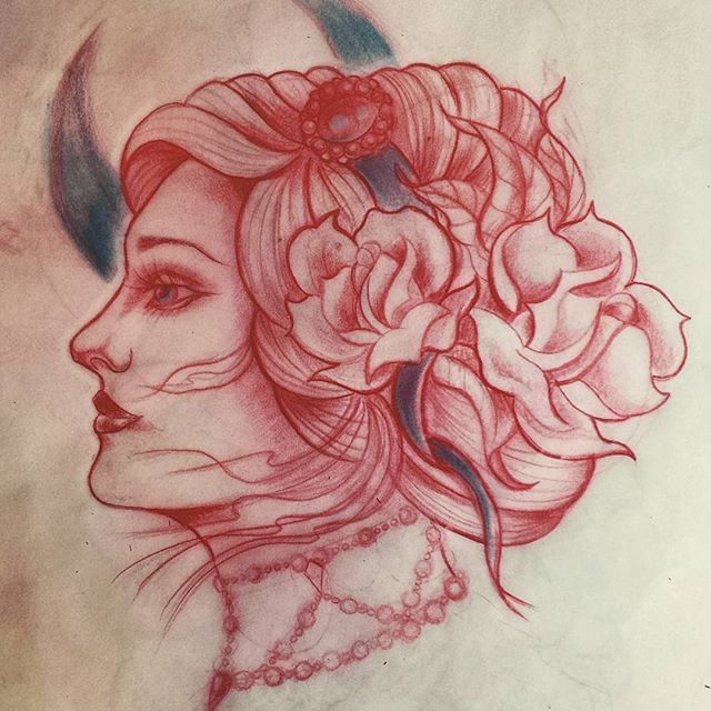 640x640 Sketch, Tattoo Sketch, Gypsy Head, Red Pencil Sketch, Profile - Red Pencil Sketch