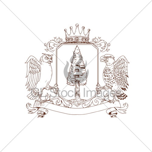 500x500 Owl And Hawk Redwood Crown Crest Drawing Gl Stock Images - Redwood Sketch