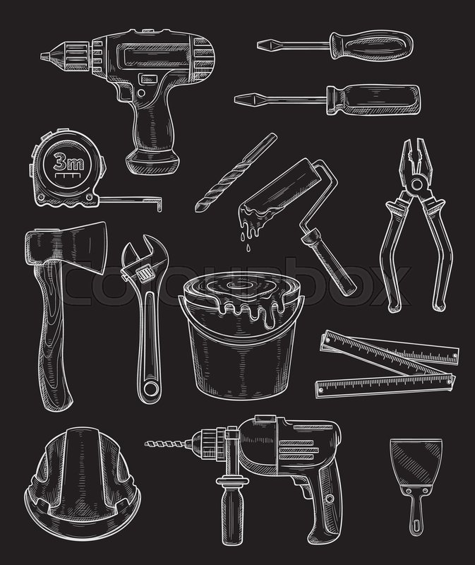 673x800 Repair Work Tools Chalk Sketch Icons For Home Repair Or Renovation - Renovation Sketch