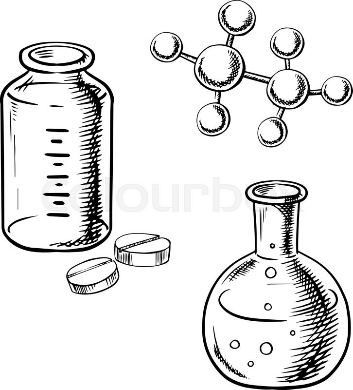 726x800 Laboratory Flask With Liquid And Bubbles, Bottle With Pills And - Research Sketch