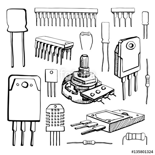 500x500 Electronic Components Microcontroller, Capacitor, Potentiometer - Resistor Sketch