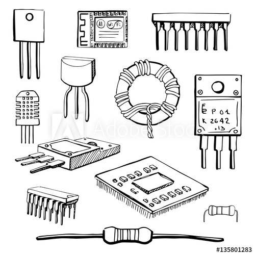 500x500 Set Of Electronic Components Transistor, Inductor, Microchip - Resistor Sketch