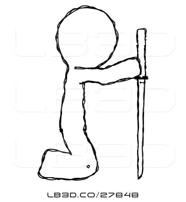 600x652 Illustration Of Sketch Design Mascot Guy Kneeling With Ninja Sword - Respect Sketch