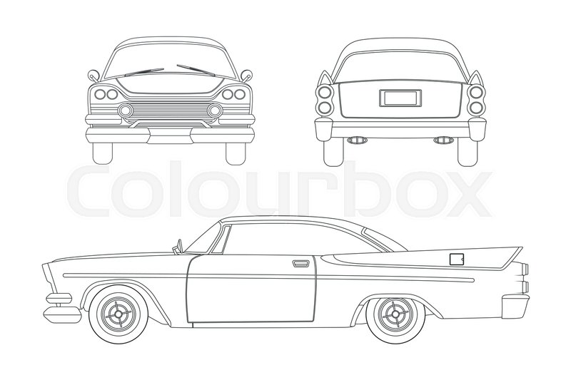 800x533 Outline Drawing Of Retro Car. Vintage Cabriolet. Front, Side And - Retro Car Sketch