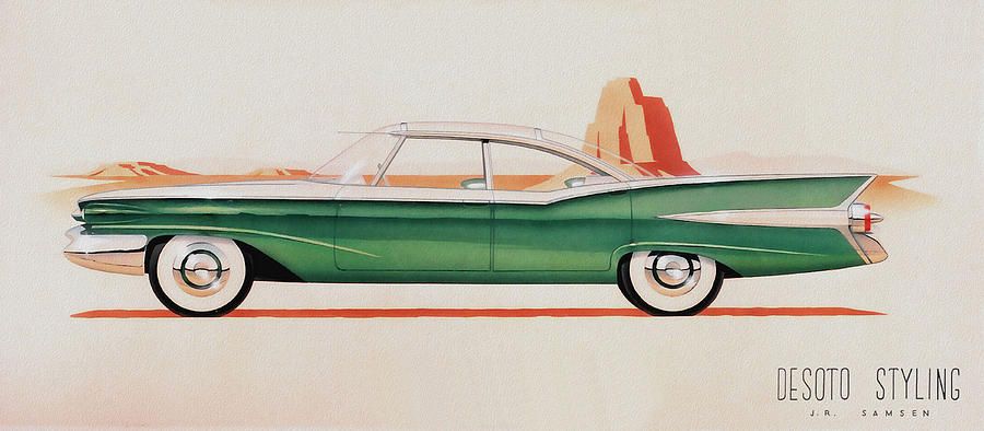 900x394 1959 Desoto Classic Car Concept Design Concept Rendering Sketch - Retro Car Sketch